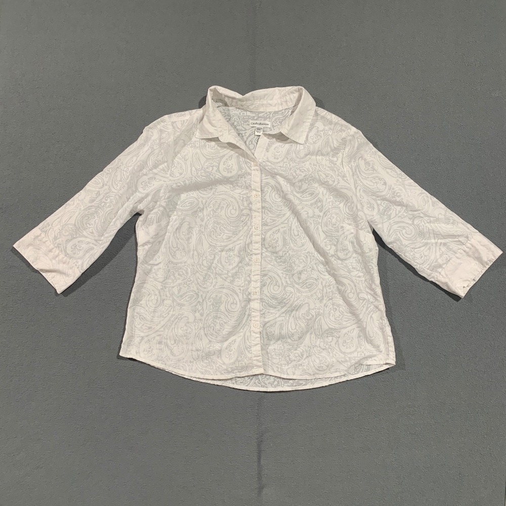 Croft & Barrow Petite PXL White‎ Sheer Paisley Print Button Up Shirt 3/4 Sleeve